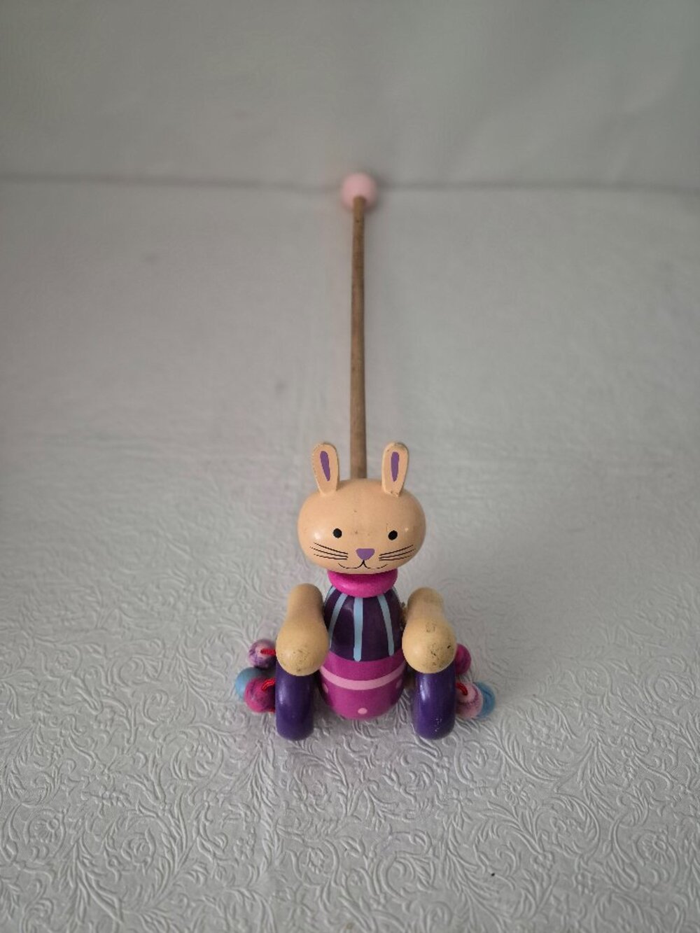Wooden Rabbit Easter Bunny Kids Toddler Push Pull Clacker Toy Purple Pink